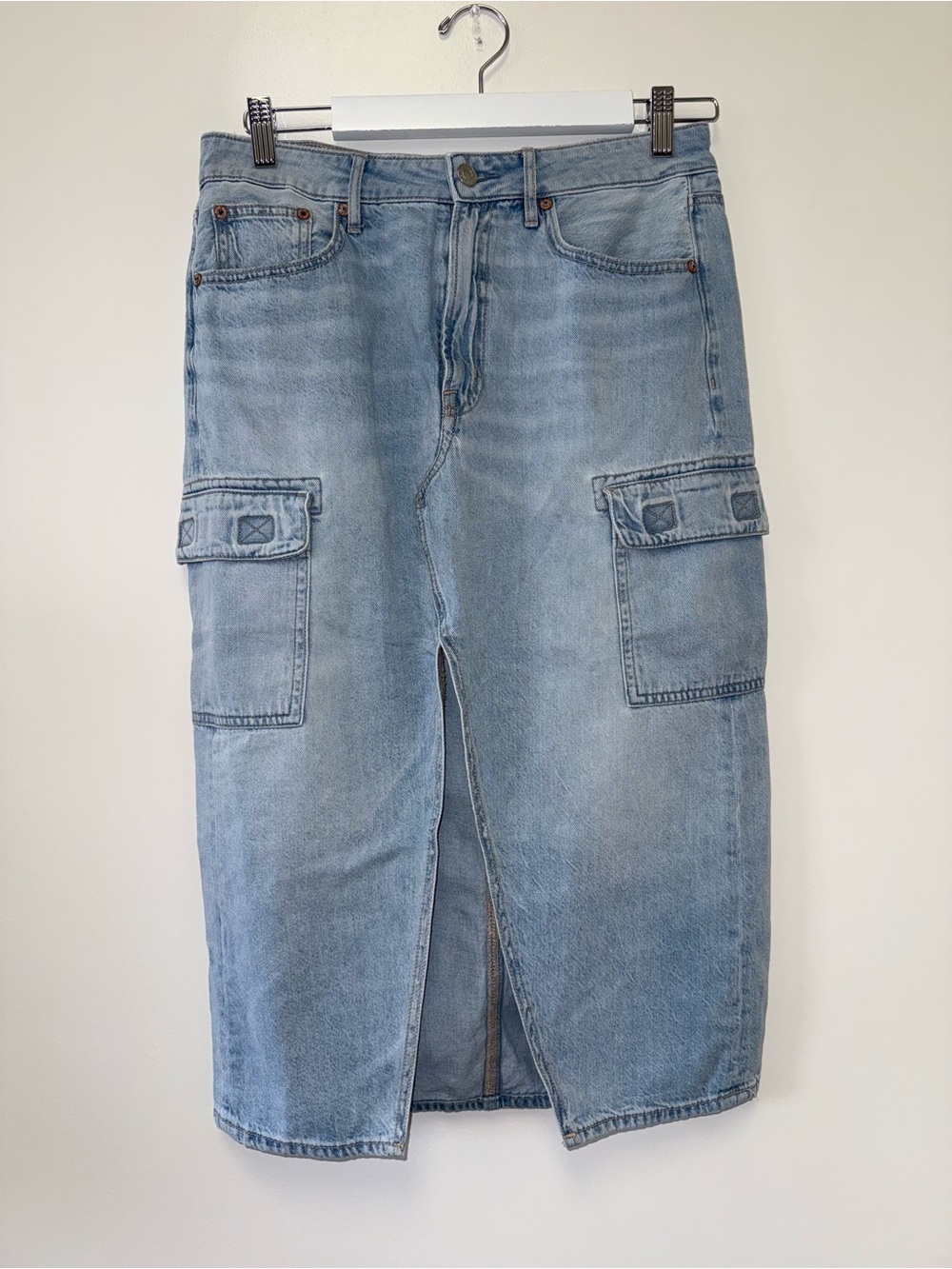 American Eagle (6) High Rise Midi Denim Jean Skirt with Stretch